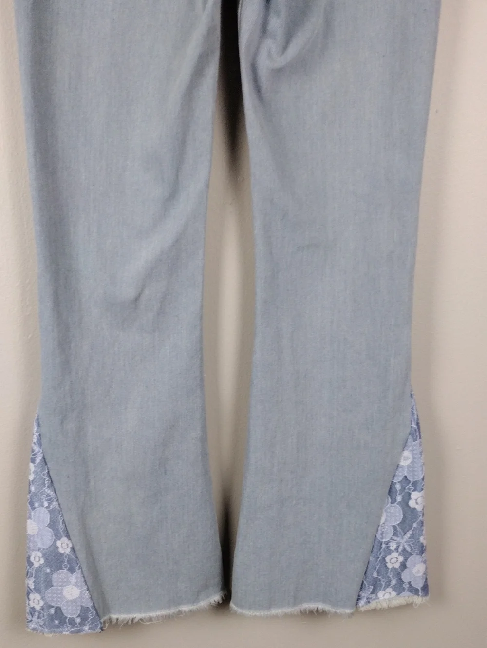 YMI Girl Gigi Flare Blue Light Potassium Wash High Rise Lace Raw Hem Denim Jean